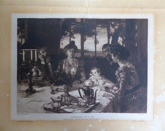 VINTAGE french engraving chat the evening 1902 Gazette of fine arts Paris former french antique gravure scene Belle Epoque FRANCE