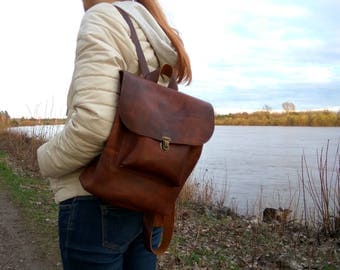 Women's backpack ,leather backpack ,waxed leather backpack .