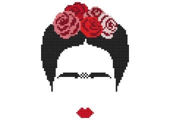 PDF cross stitch pattern, modern cross stitch, Frida Khalo cross stitch pattern, modern embroidery, Frida portrait, counted cross stitch