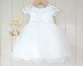 Ivory soft White Lace baby Girls Christening Dress Baptism Dress Capp Sleeve Pearl bead Waist matching baby hat