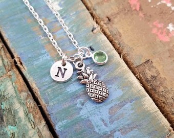 Pineapple Necklace, Personalized Pineapple Necklace, Pineapple Initial Necklace, Silver Pineapple Necklace, Initial Birthstone, BFF Gift