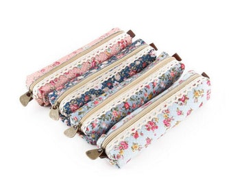 Floral Fabric Pencil Case Flowers Lace Stationery Zip Case