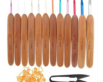 5.5" Bamboo Crochet Hooks Handle - 12 Sizes, 1mm - 6mm + Stitch Markers & Snips