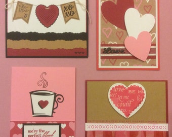 4 Handmade Handstamped Valentine's Day Cards