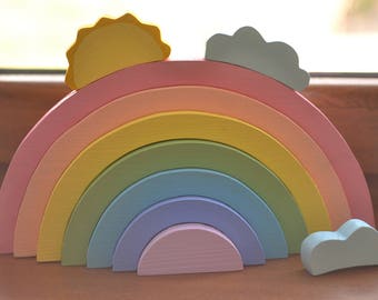 Wooden rainbow toy - Special offer - Rainbow stacking toy - Waldorf toy - Pastel rainbow stacker - Wooden unicorn - Montessori toy