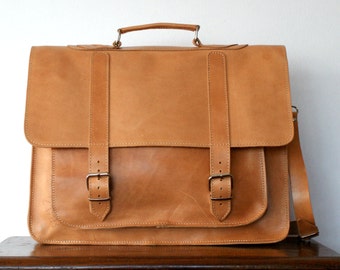 17 inch leather briefcase/ messenger bag/ shoulder bag/ laptop bag/ old school bag/ mens bag/ crossbody bag/ code 10 natural