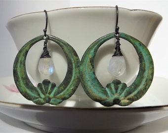 Verdigris Earrings - Patina Hoop Earrings - Verdigris Patina - Lotus Earrings - Chandelier Verdigris Hoop - Moonstone - Antiqued Patina