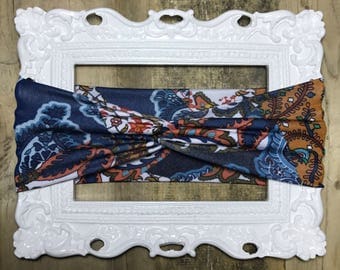 Navy and Brown Paisley Handmade Twist Turban Headband