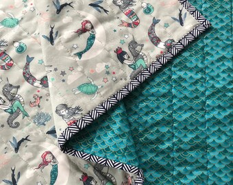 Mermaid quilt, mermaid blanket, nautical quilt, baby girl quilt, mermaid baby shower, mermaid bedding, nautical nursery, mermaid scales