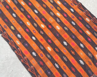 Persian Rug, Kilim Laufer, Kilim Rug Orange and Brown Colored Rug Oushak Kilim Rug Tribal Kilim Rug Marvelous Rug 4'2" X 2'7"ft