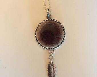 Purple Stone and Feather Pendant Necklace