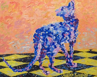 Cat Oil Painting, Orange Oil Painting, Impressionism, Orange and Blue Oil Painting, Impressionist Oil Painting, Blue Cat On a Orange