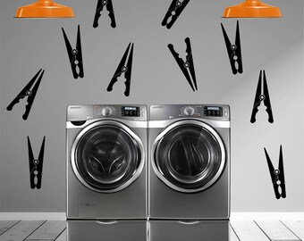 Clothes Pins Decals, Set Of 10 Clothes Pin Stickers, Laundry Room Decals, Laundry Room Stickers, Laundry Room Wall Decals, Laundry Room Deco