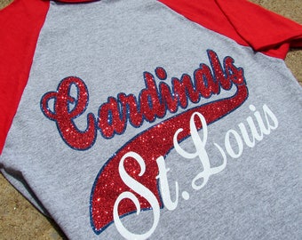 St. Louis Cardinals Shirt in SPARKLING GLITTER - Baseball Jersey Style Short or 3/4 Sleeve with Red Sleeves - Ladies or Unisex Cut