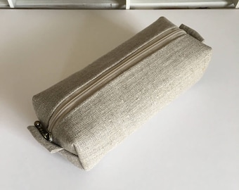 Long box pouch - linen and blue stripe lining