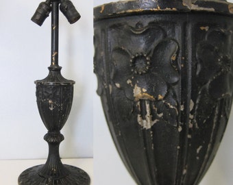 Antique Table Lamp Metal Two Socket Art Nouveau Flowers Black Vintage Electric