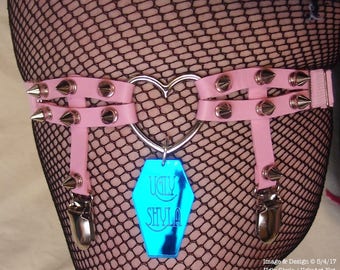 Pastel Pink Spiked Heart Oring Leg Sock Garter W Blue Mirrored Coffin Charm By Ugly Shyla - pastel goth - nu goth - fetish - vegan leather