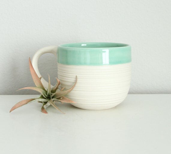 Large Pottery Mug Mint Green Porcelain Groove Mug in Mint