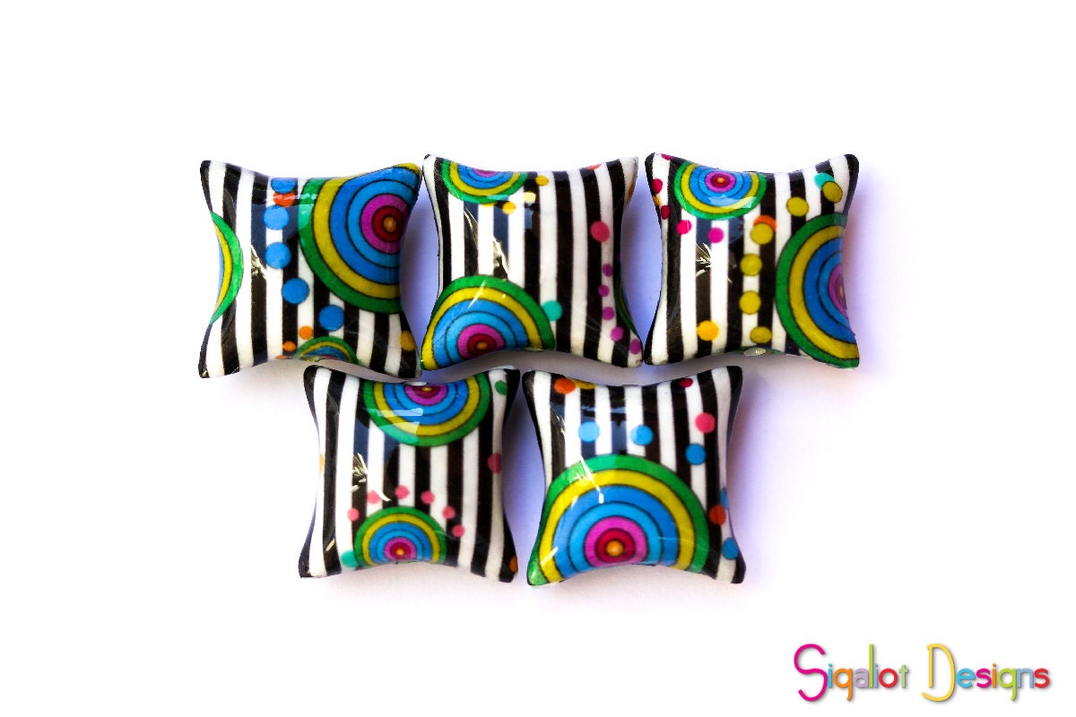 Polymer clay pillow beads black and white stripes colorful