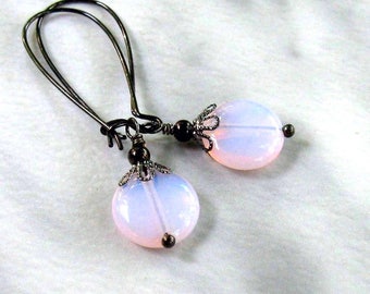 Pink Opalite Earrings Black Gunmetal Earwires, Glass Moonstone - Sea Opal Color Changers - Choose Earwire Style