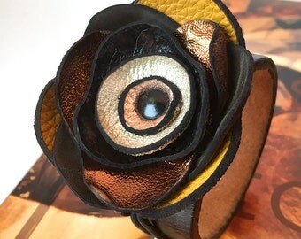 Leather Cuff Bracelet with Metallic Leather Flower and Adjustable Elastic Closure, EcoFriendly, Women, OOAK, by Greenbelts
