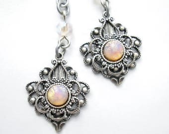 Victorian Style Pink Glass Opal Antiqued Silver Dangle Earrings