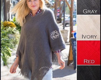 SALE - Monogrammed Poncho with Fringe - 4 colors - Personalized Shawls, Monogrammed Shawl, Womens Ponchos, Gray, Cream, Ivory, Red, Black