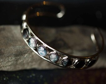 Moon Phase Bangle Cuff Bracelet - Silver Outer Space Jewelry, Galaxy Bracelet by Yugen Tribe - Astronomy, Astrology, Lunar Phases, Meditate