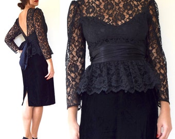 SUMMER SALE/ 30% off Vintage 80s 90s Black Velvet Lace Bodice Peplum Pencil Dress (size small)