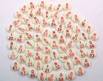 Vintage Yellow or Ivory Plastic Bingo Game Pieces with Red Numbers and Letters Set of 75