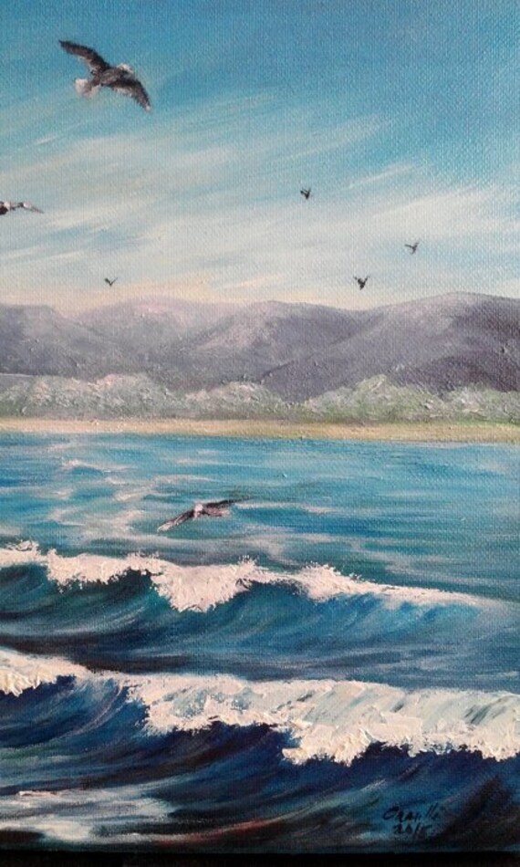 Oil Painting Ocean Waves Seagulls Mountains by byCamilleDesigns