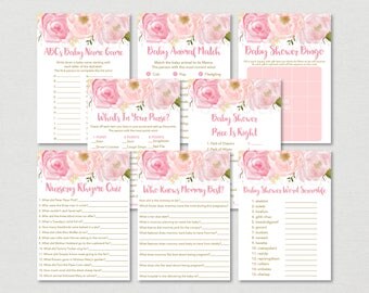 Soft Pink Floral Baby Shower Games Package / Floral Baby Shower / Watercolor Floral / 8 Printable Games / INSTANT DOWNLOAD A170