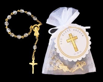 10 Mini Rosary Favors - Baby Boy Baptism Favors - Christening Favors - Organza Bag - Rosary Favors - Gold - Mini Rosary - Cross