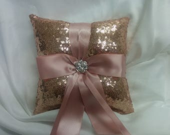 Rose Gold Sequin Ring Pillow or Basket -Colors- Flower Girl -Ringbearer, Wedding, Bridal, Sequin, Ribbon Choice, Bling Diamo