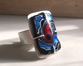 Fordite ring, fordite jewelry, adjustable ring, valentines, gift for wife, Detroit Agate, cocktail ring, sterling silver statement ring
