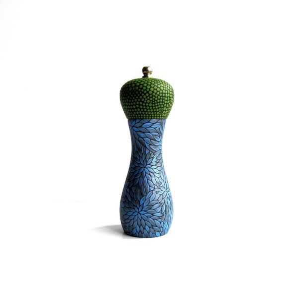 Pepper Mill: Hand Painted small pepper mill blue and green kitchen decor pepper mill grinder