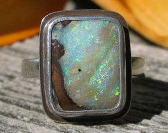 Opal Ring - Australian Boulder Opal Ring - Sterling Silver Koroit Opal Ring - Square Opal ring - US size 7.75 - US size 7 3/4