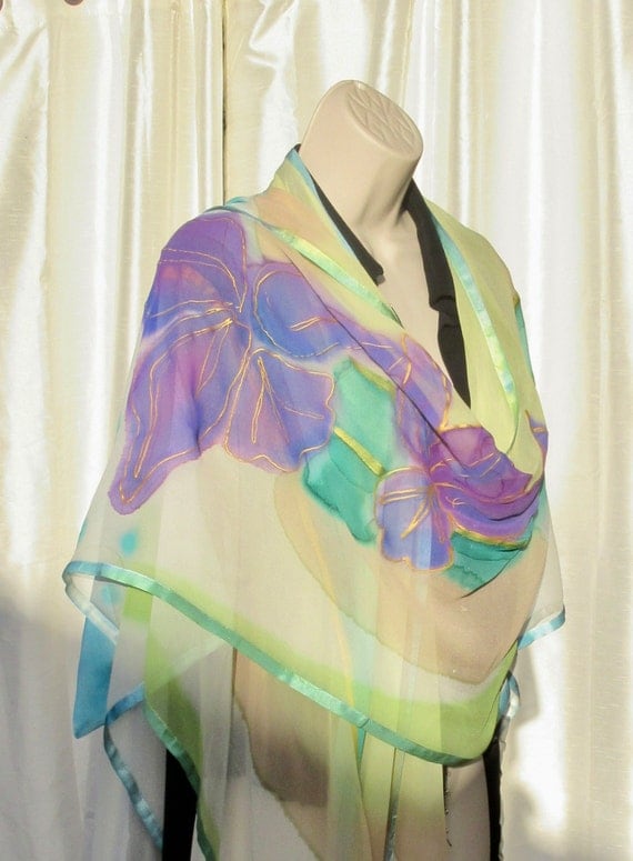 DECO STYLE Hand Painted Silk Ruana with Iris Motif and Gold Highlights