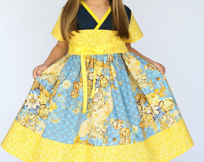 Little Girl Easter Dresses - Toddler Birthday Dress - Baby Clothes - Tween Dress - Blue and Yellow -Kids Kimono - 12 mos to 14 years