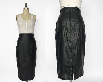 80s Long Black Leather Pencil Skirt // High Wasited Leather Pencil Skirt // Small - Medium