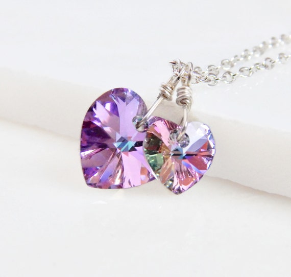 Two hearts necklace - crystal necklace - hearts necklace - Swarovski necklace - purple hearts necklace - valentines day gift