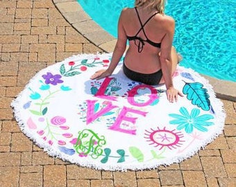 Round Beach Towel , LOVE monogrammed beach towel personalized Round Summer Towel , Circle Beach Towel, Bridesmaid gift