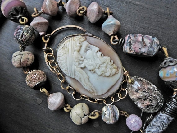 Wearable art necklace with pastel chunky beaded chain and antique cameo pendant - Cronos  