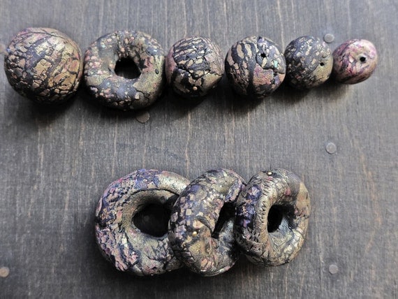 Large handmade art beads with hollow core, crackle texture and iridescence- Dark Treasure series