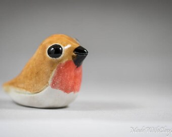 Robin Pottery Bird - Miniature Ceramic Porcelain Clay Animal Sculpture Decorative Home Decor Ornament - Terrarium Figurine Hand Sculpted