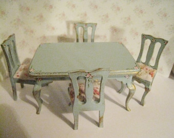 Dollhouse table, Rectangle table, four chairs, duck egg blue table, roses, twelfth scale miniature