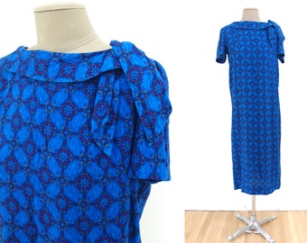 Vintage 60s Blue Geometric Print Midi Shift Dress // M Medium 1960s side metal zip