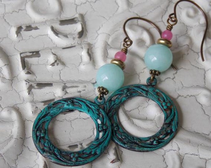 Gemstone Earrings Pink & Aqua Drop Dangle Earrings Patina Verdigris Semi Precious Stone Earrings Boho Bohemian Charm Jewelry Gift Vintaj