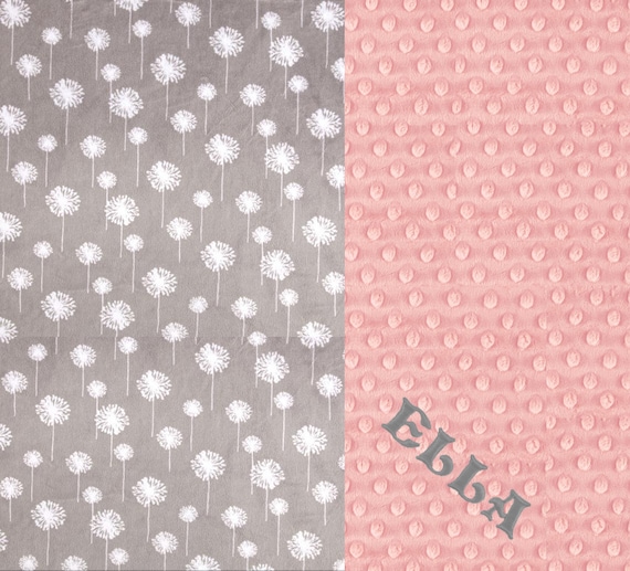 Personalized Baby Blanket / Minky Baby Blanket Girl Pink Gray Flower - Dandelion Blanket Stroller Blanket - Nursery Decor // Flower Blanket