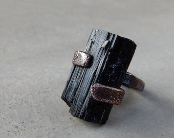 Black Tourmaline Ring, Protecting, Grounding, Root Chakra, Natural Shaped Stone, Earthy, Rustic, Mystic, One of a Kind, Size 7.75